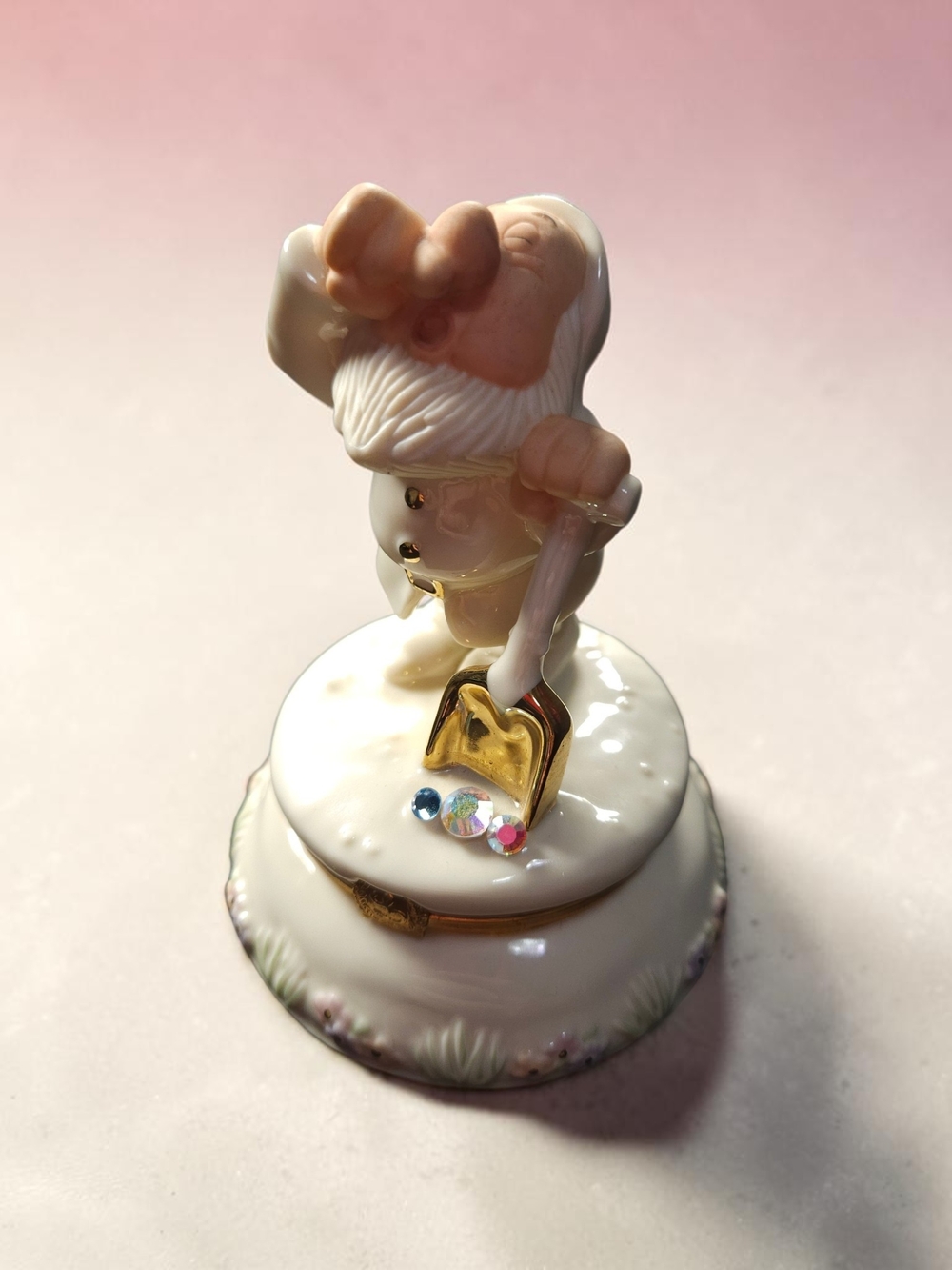 Lenox White Porcelain Sneezy  Figurine with Gold Shovel and Pink Accents
